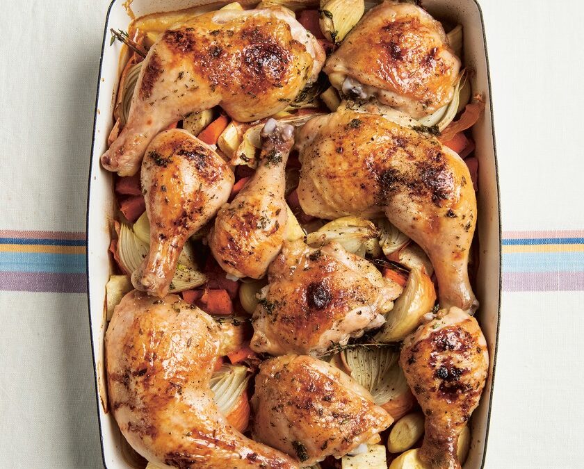 Roast Chicken with Thyme and Honey  PLUS Leah’s Apple Schalet